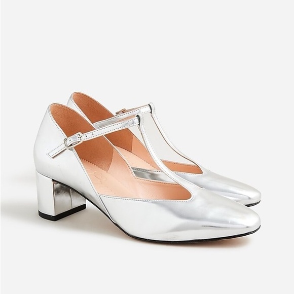 J Crew Millie T-strap heels in metallic leather BT988 - Picture 1 of 5